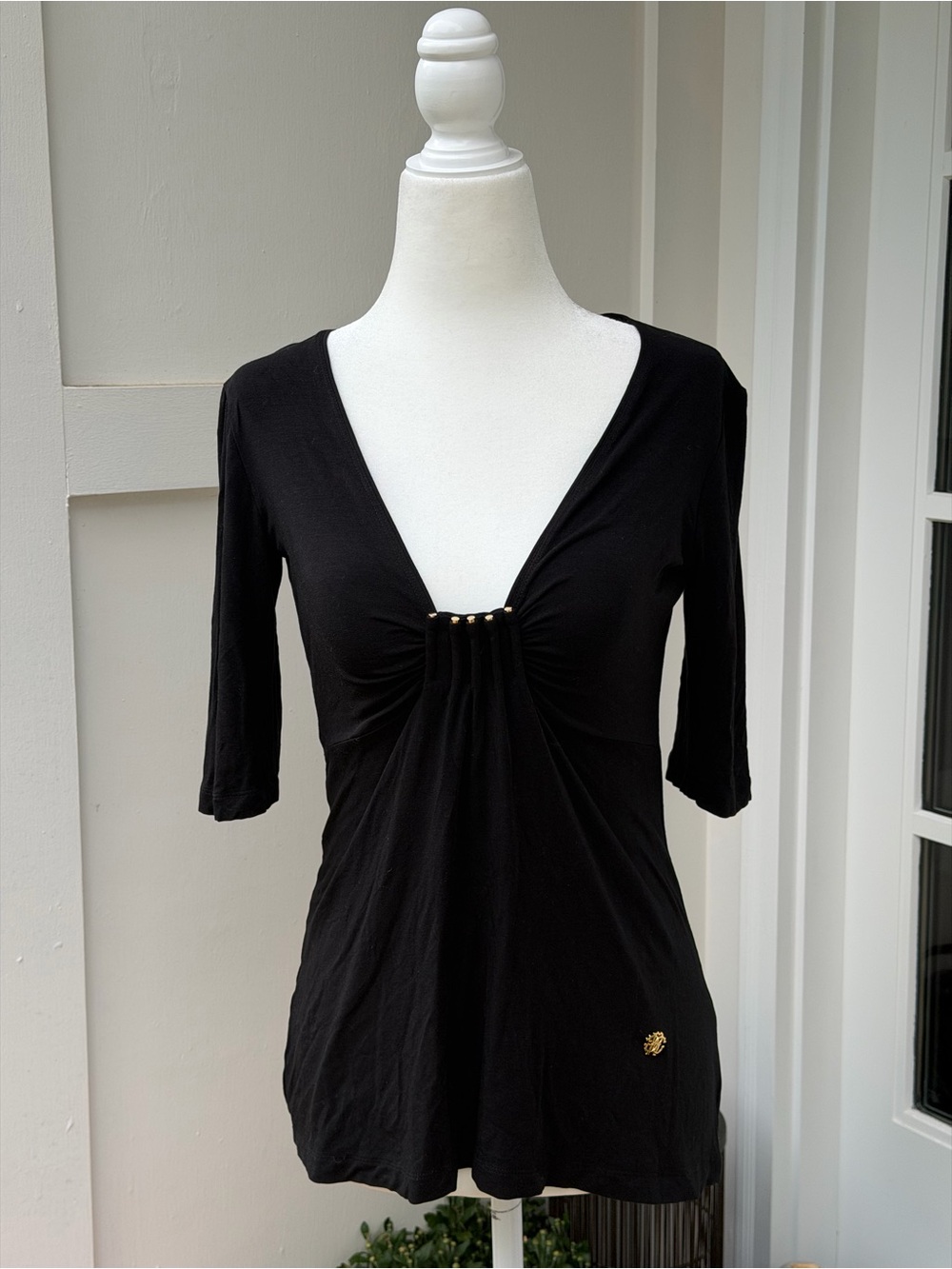 Roberto Cavalli Black V-Neck Gathered Front Top with Gold Accent